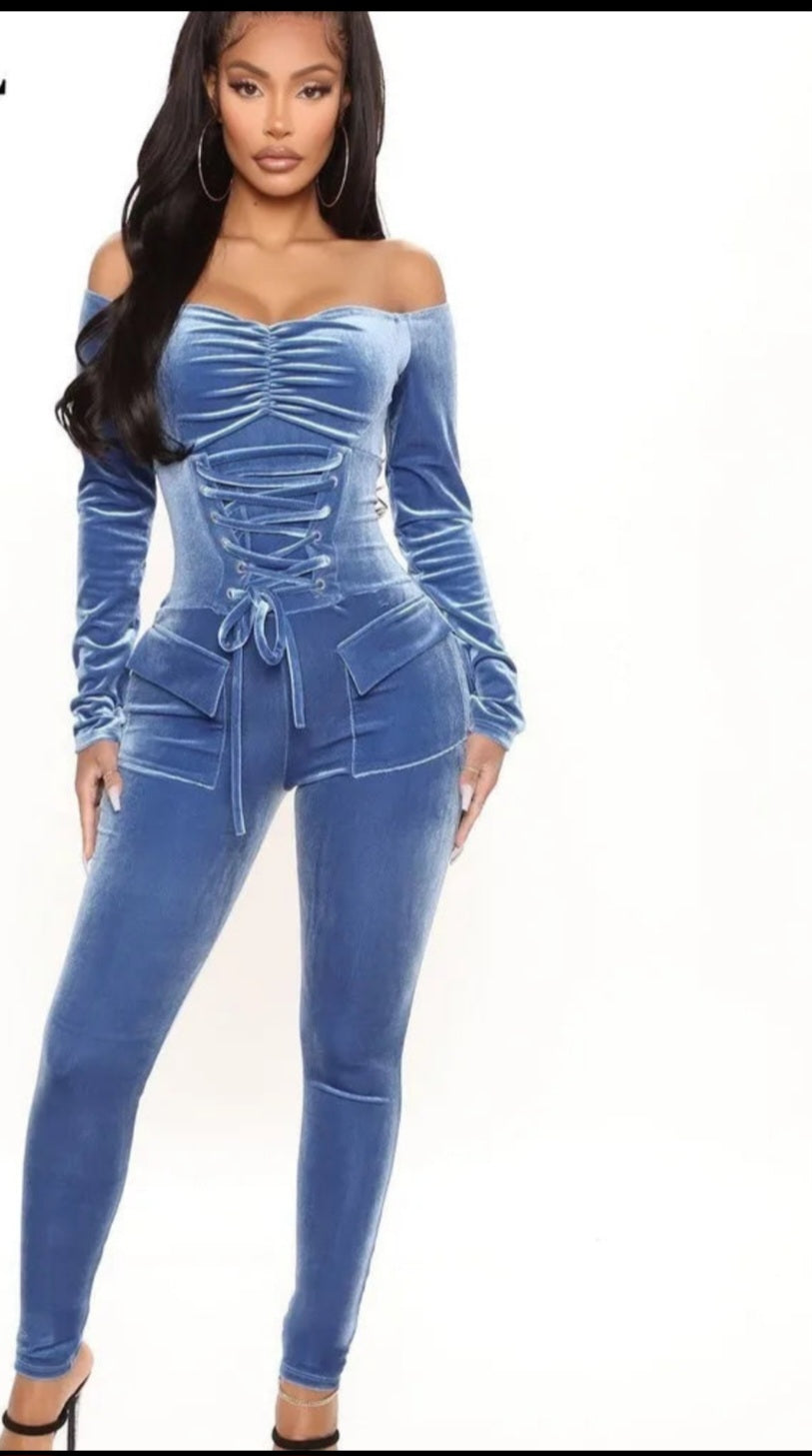 Velvet Slash Neck Pleated Bodycon Long Sleeve Drawstring Jumpsuit