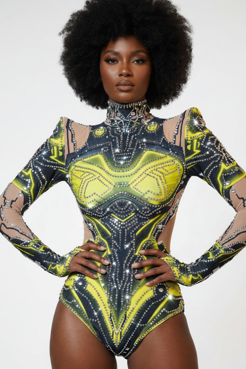 Designer Sparkling Rhinestone Geometric Robot Print Hollow-Out Shoulder Women's Long Sleeve Skin Tight Formal Stage Performance Bodysuit Romper