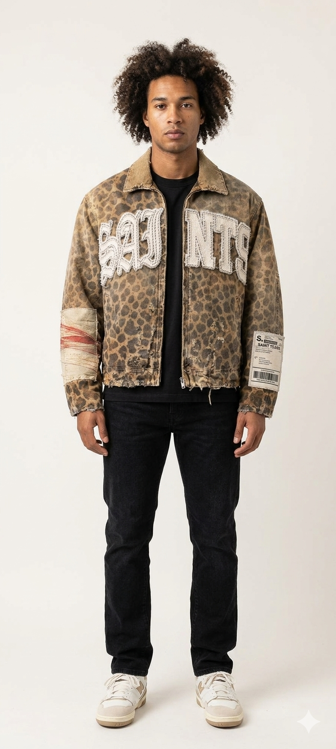 Men's Hip-Hop Leather/Denim Vintage Camo/Sequin Letter # Embroidered/ Oversized Turn-Down Collar Biker Motorcycle Jackets