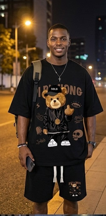 Men's Hip-Hop Teddy Bear Embroidered Short Sleeve T-Shirt+ Drawstring Shorts 2-Piece Set to 5X Big & Tall