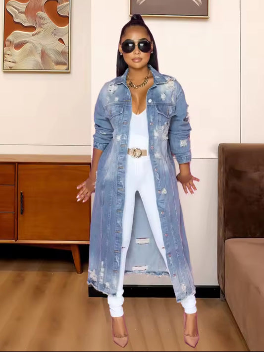 Denim Blue Washed Ripped Double Pocket Hole Design Turn-Down Collar Long Sleeve Women's Jean Trenchcoat to 5X Plus Size