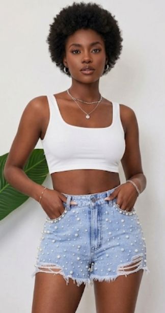 Denim Western Pearl Embellished Ripped Light Blue Women's Mini Jean Shorts