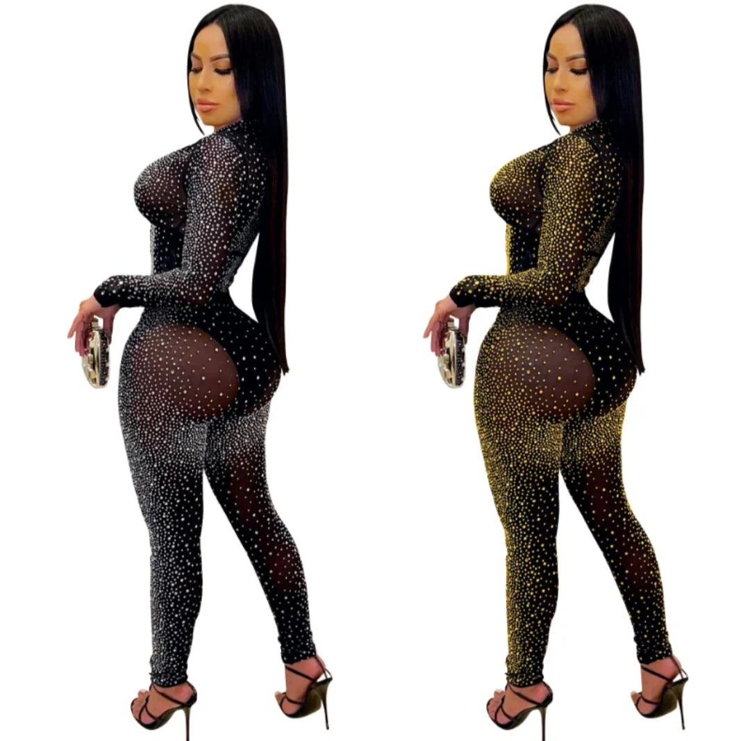 Crystal Mesh Sheer Rhinestone Studded Long Sleeve Crop Top & Leggings 2-Piece Set