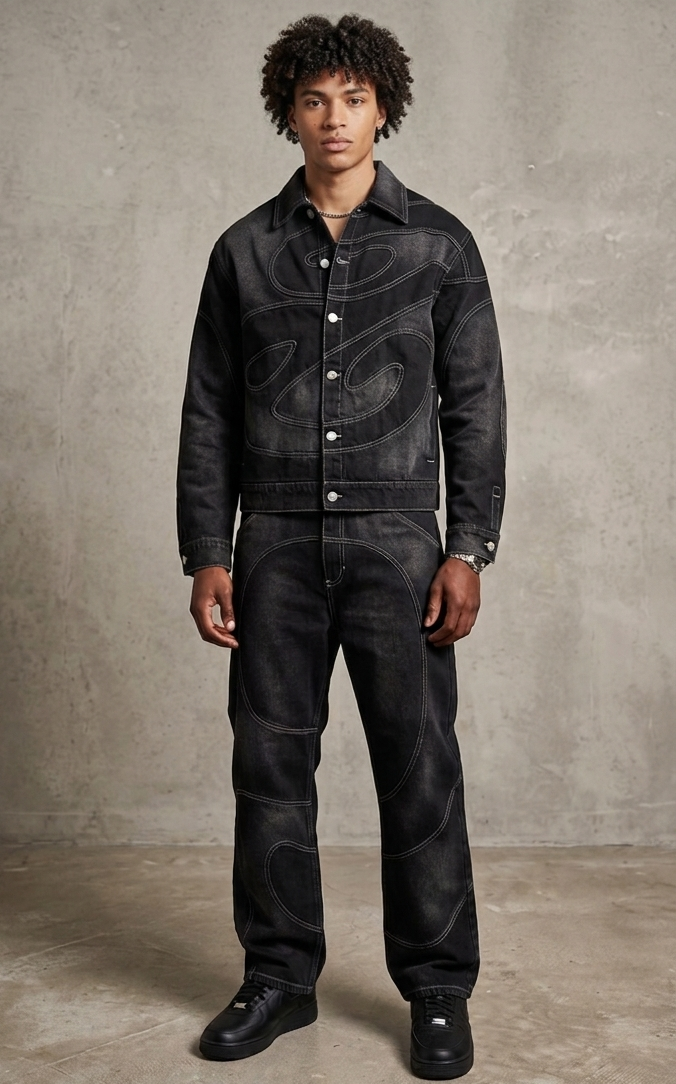 Men's Black Denim Embroidered Swirl Pattern Button-Up Turn-Down Collar Hoodie Jean Jacket + Hip-Hop Streetwear Jeans 2-Piece Set