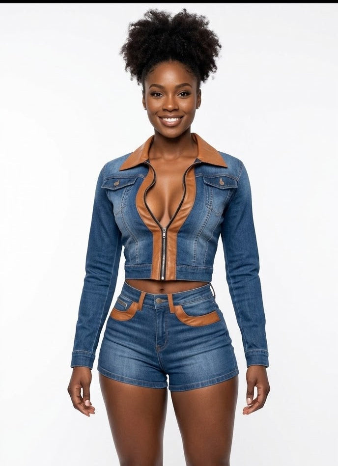 PU Leather Cropped Women's Zipper Biker Jacket + Mini Shorts 2-Piece Set