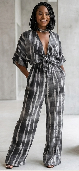 Striped Lace-Up Long Sleeve Deep V-Neck Women's Hollow-Out Wide Leg Jumpsuit to 3X Plus Size