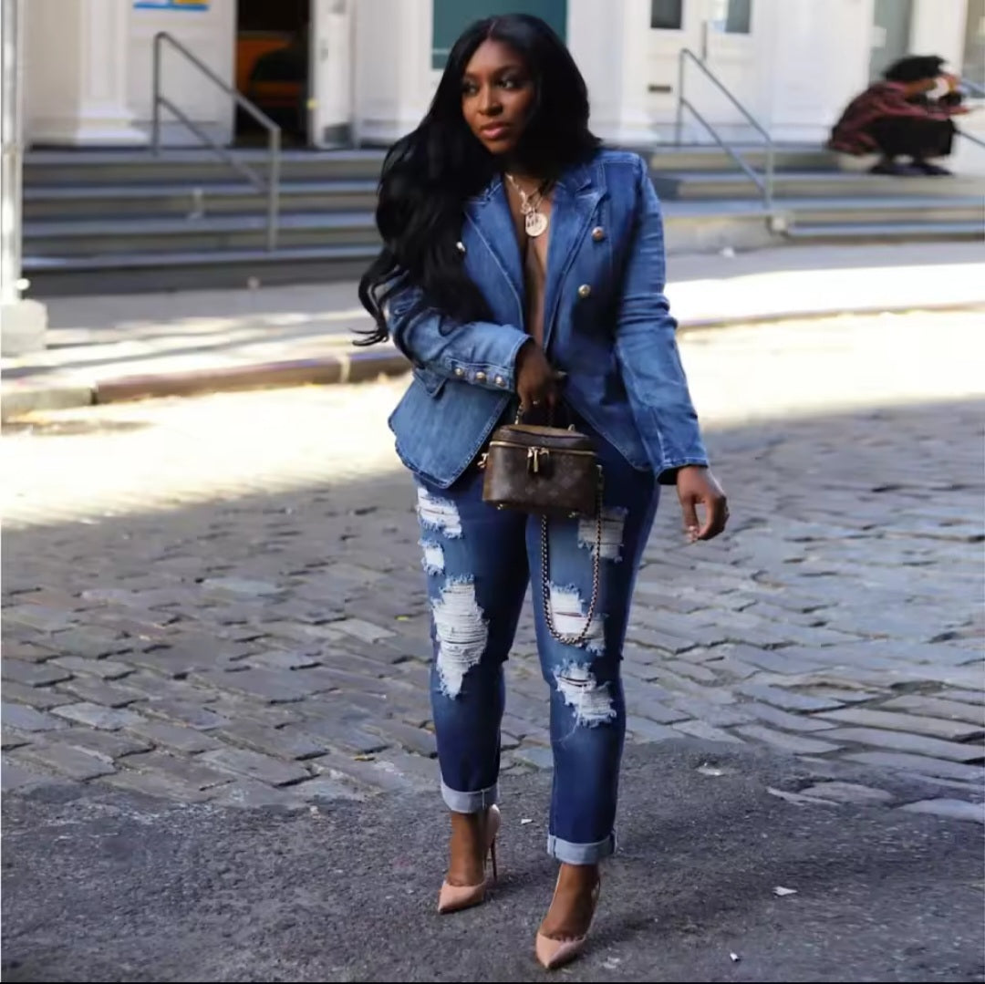Denim Black/Light Blue/Dark Blue Notched Collar Gold Button Design Long Sleeve Double Breasted Women's Streetwear Jean Blazer Jacket