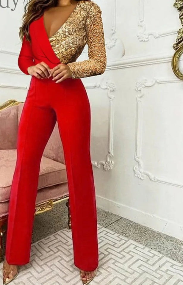 Colorblock Red/Gold Glitter Sequin Long Sleeve/Solid Puff Sleeve Zipper Jumpsuit