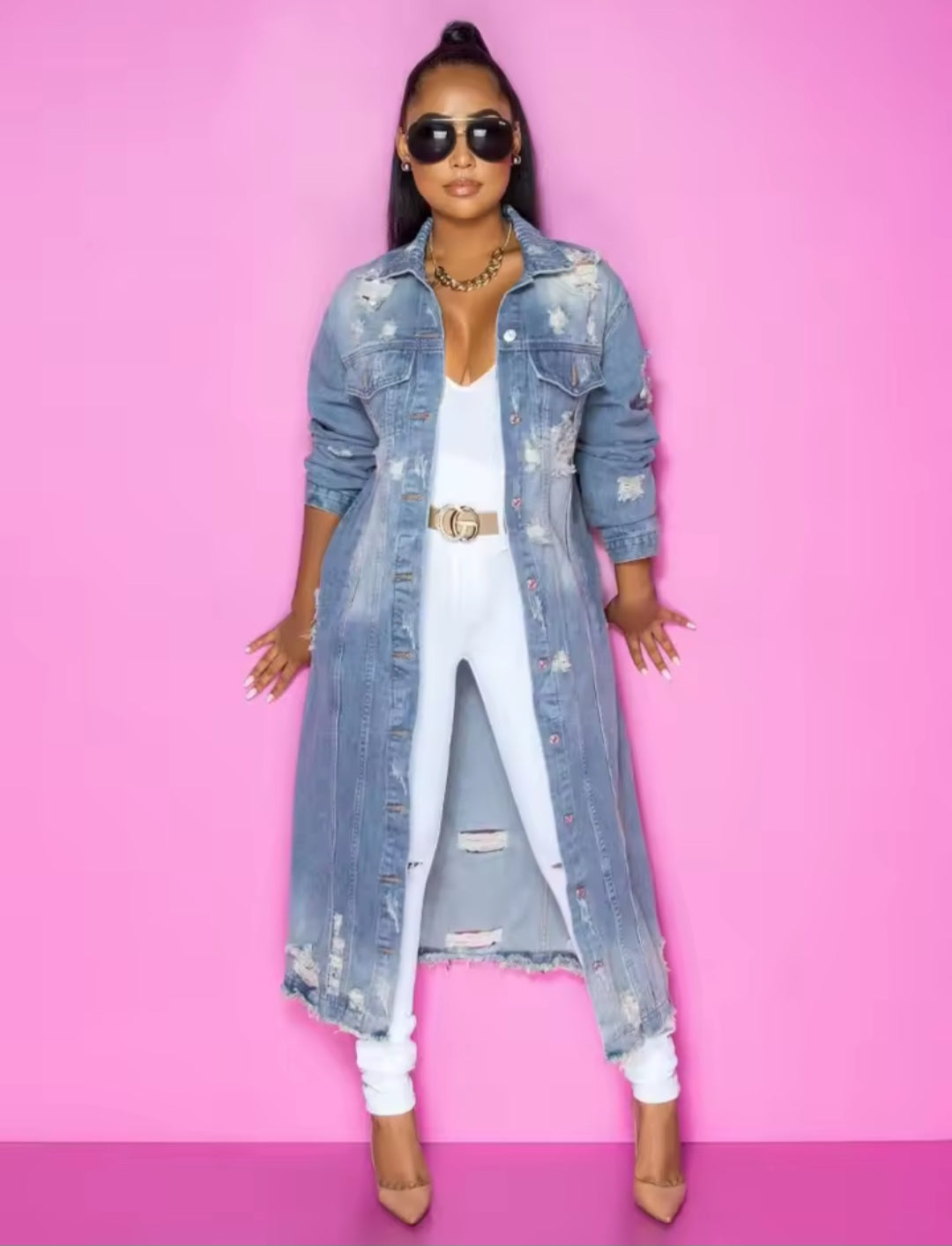 Denim Blue Washed Ripped Double Pocket Hole Design Turn-Down Collar Long Sleeve Women's Jean Trenchcoat to 5X Plus Size