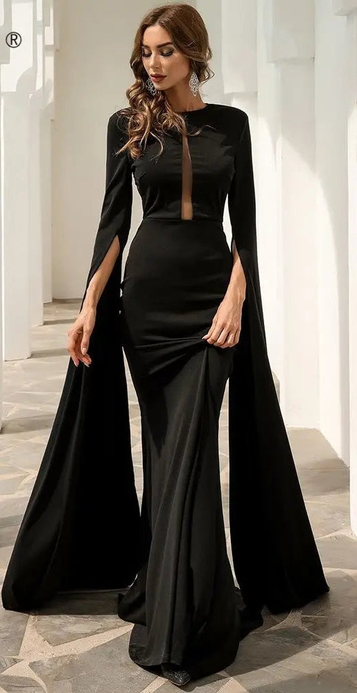 Mermaid Trumpet High Slit Long Sleeve Hollow-Out Bodycon Floor-Length Evening Gown Formal Maxi Dress