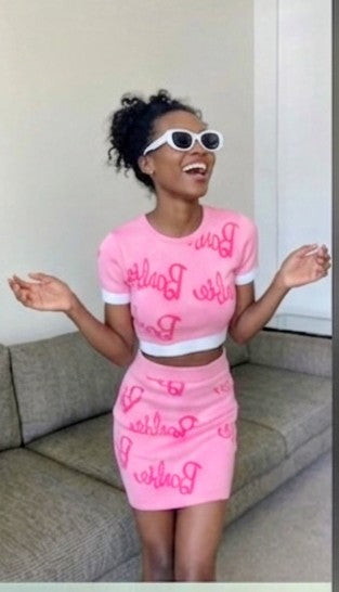 Pink "Barbie" Print U-Neck Knitted Short Sleeve Cropped Sweater+ Mini Skirt Women's 2-Piece Set