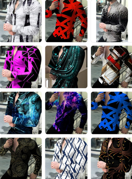 Men's Geometric Striped Print Turn-Down Collar Long Sleeve Button-Up Dress Shirts