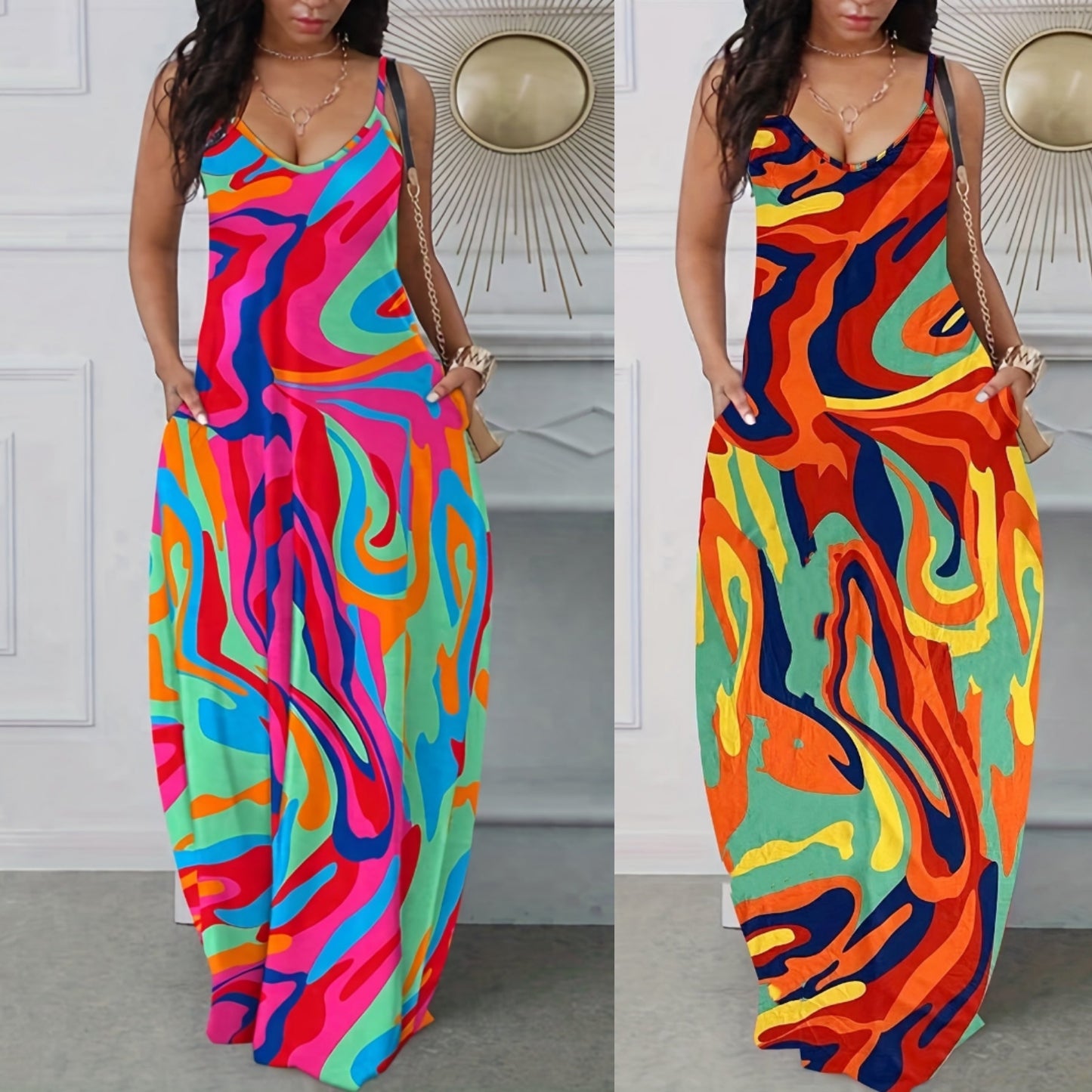 Rainbow Geometric Print Spaghetti Strap Loose Maxi Cami Dress