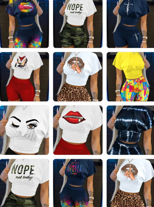 "NOPE Not Today"/Faith/Lip/Striped/Stiletto/Eyelash Print Women’s O-Neck Short Sleeve T-Shirt + Mini Shorts 2-Piece Set