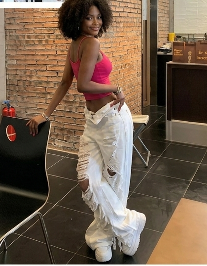 White Ripped Lace Fringe Hollow-Out Design Wide Leg Women's Hip-Hop Streetwear Jeans