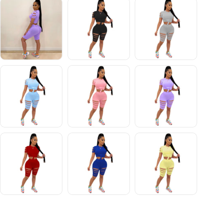 Solid Color Short Sleeve Crop Top + Ripped Biker Shorts 2-Piece Fitness Set