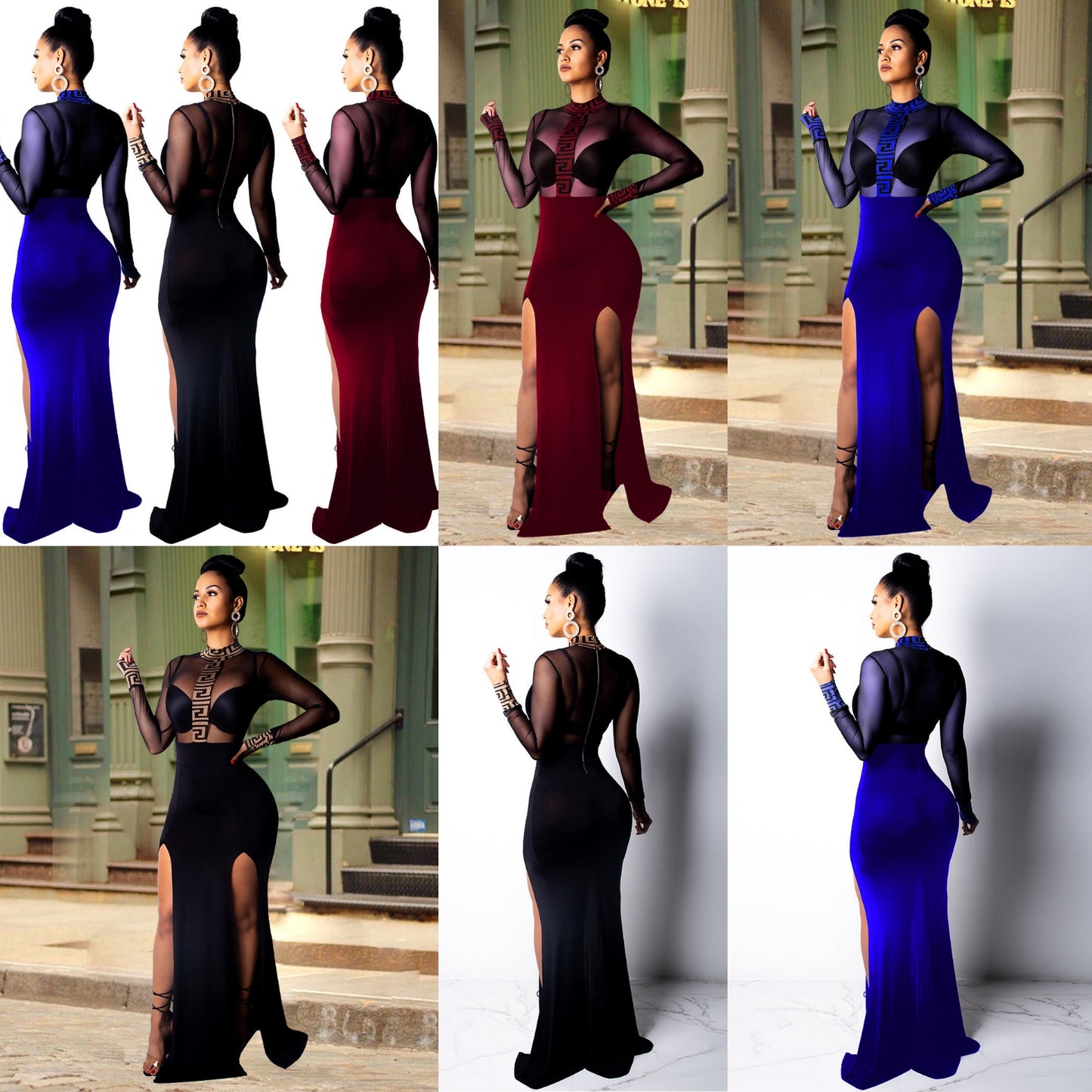 Mesh Transparent Sheer Geometric Design Long Sleeve Formal Party Dress