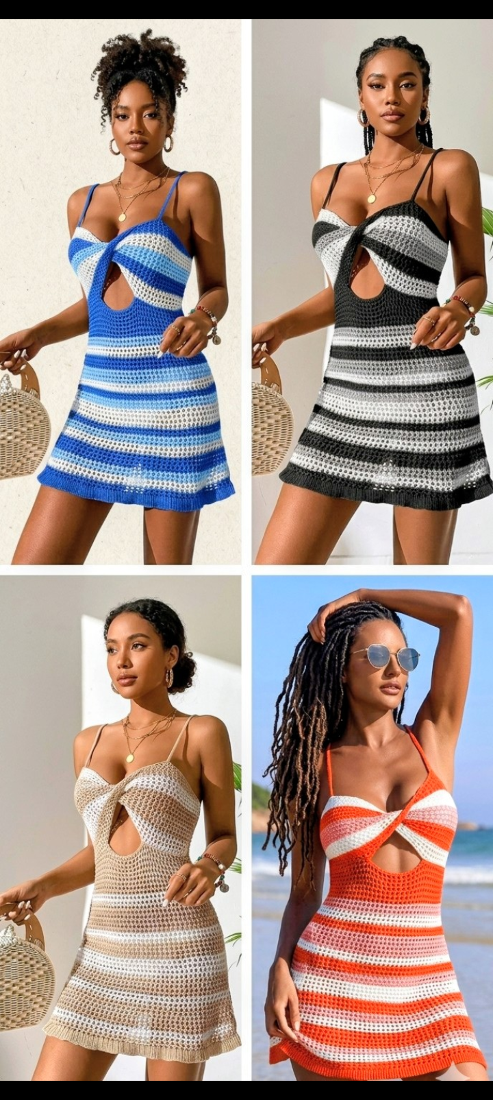 Crochet Striped Colorblock Knitted Twisted Spaghetti Strap Hollow-Out Lace-Up Back Design Mini Dress