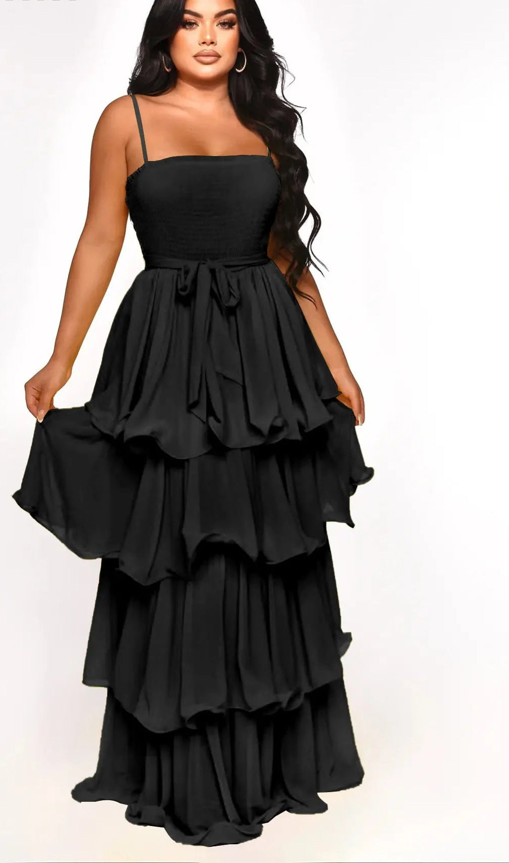 Tiered Chiffon Solid Spaghetti Strap Ruffled Big Swing Maxi Formal Party Dress