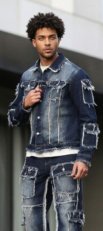 Men's Gradient Colorblock Denim Ripped Faded Dark Blue Fringe Hem Multi-Pocketed Hip-Hop Cargo Jeans 2-Piece Set (Jean Jacket + Stacked Jeans)
