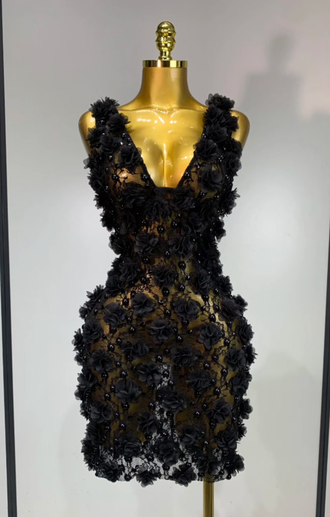 Pink/Black Flower Pearl Embroidered Sheer Transparent Lace Sleeveless Bodycon Mini Formal Party/Prom Dress