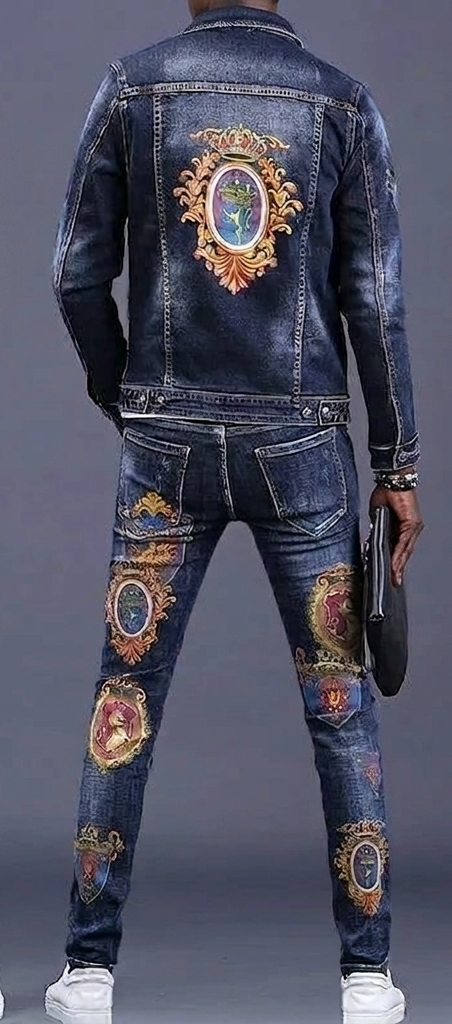 Designer Men's Denim Baroque Print Embroidered Hip-Hop Streetwear Jean Jacket+ Jeans 2-Piece Set