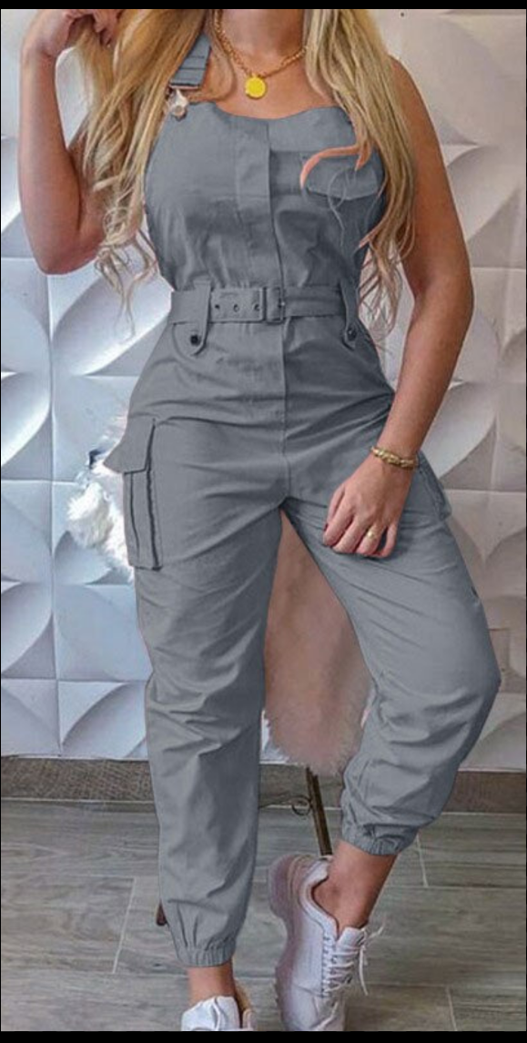 Sleeveless Solid Color Belted Women's Cargo Pocketed Overall Jumpsuit to 3X Plus Size