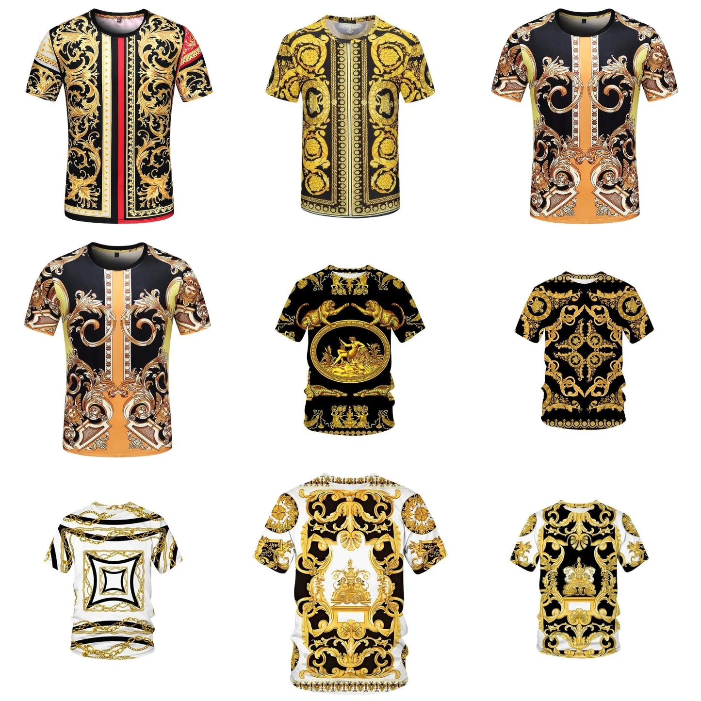 Baroque Roman Ornate Print O-Neck Short Sleeve T-Shirt