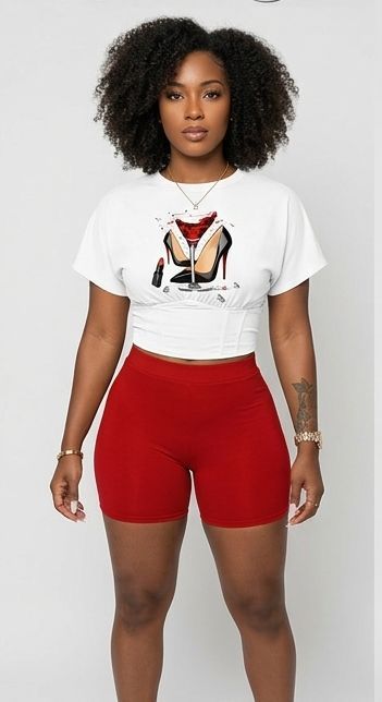 "NOPE Not Today"/Faith/Lip/Striped/Stiletto/Eyelash Print Women’s O-Neck Short Sleeve T-Shirt + Mini Shorts 2-Piece Set