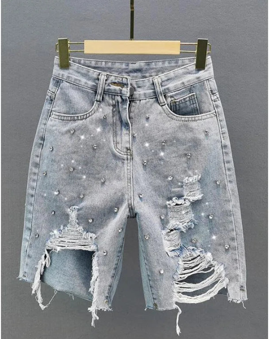 Denim Ripped Faded Diamond Embellished Women's Jean Bermuda Shorts to 3X Plus Size