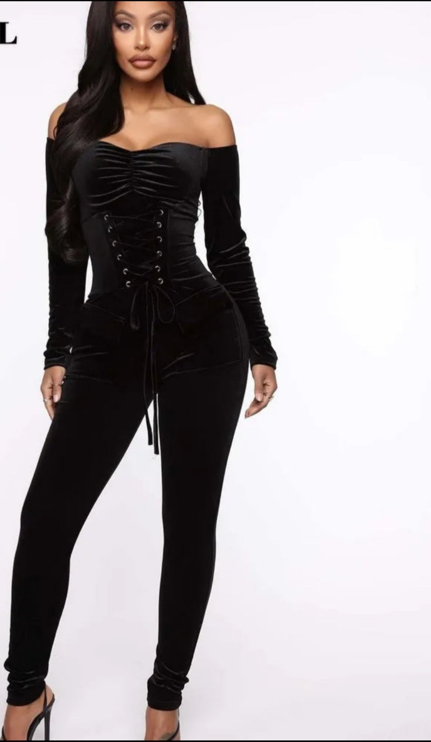 Velvet Slash Neck Pleated Bodycon Long Sleeve Drawstring Jumpsuit