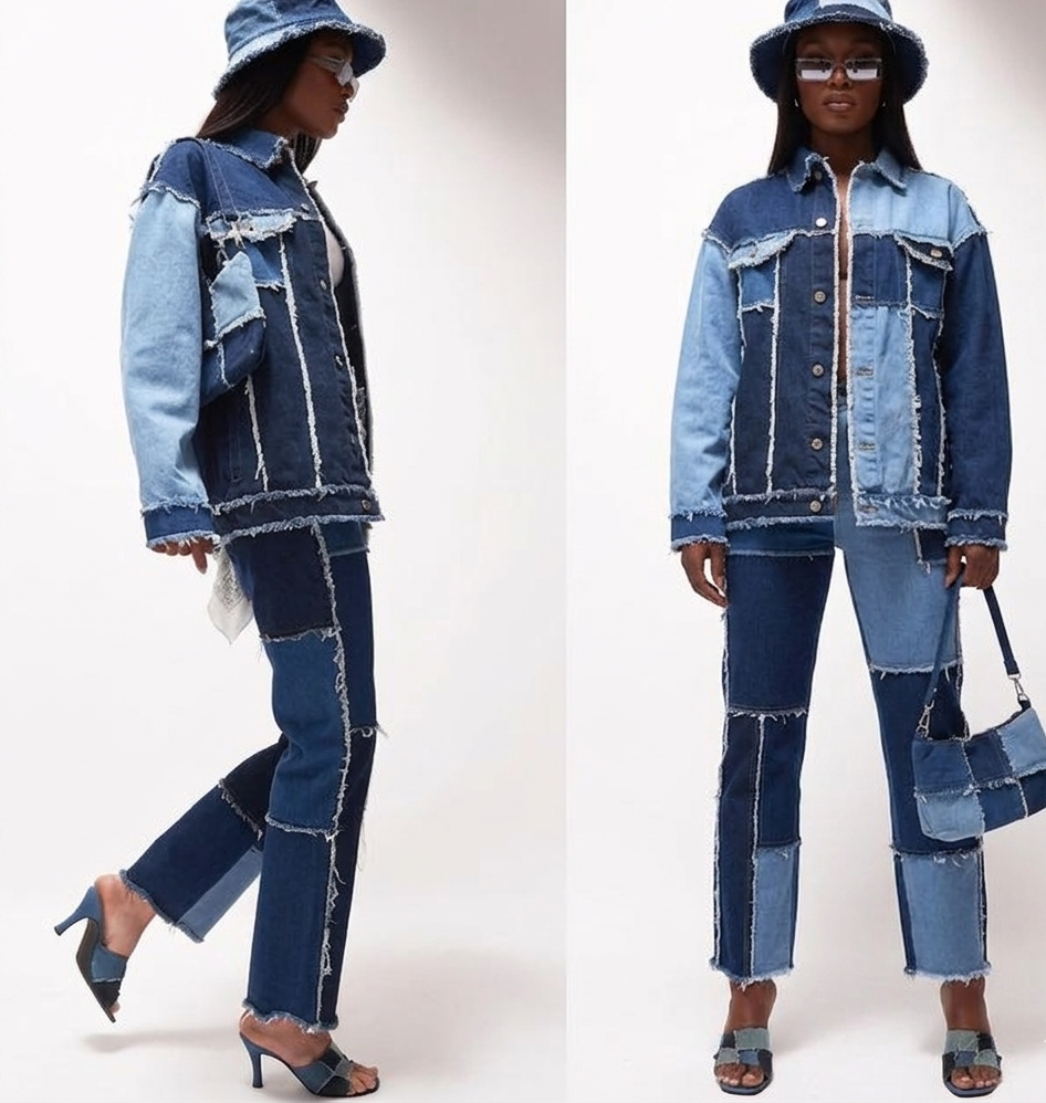 Raw Edge Denim  Colorblock Checker Fringe Hem Design Streetwear Hip-Hop Women's Jeans