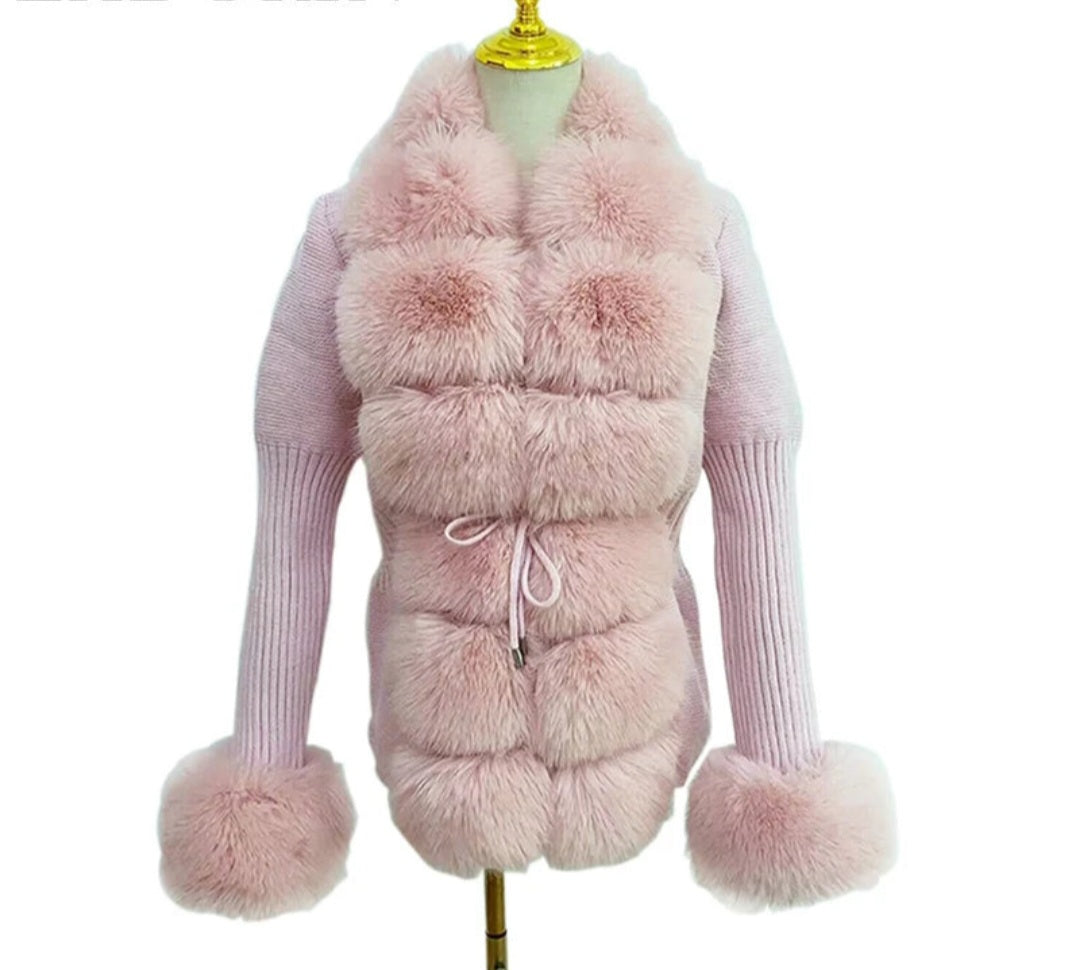 Faux Fur Ladies Knitted Detachable Collar Cardigan Sweater Jacket