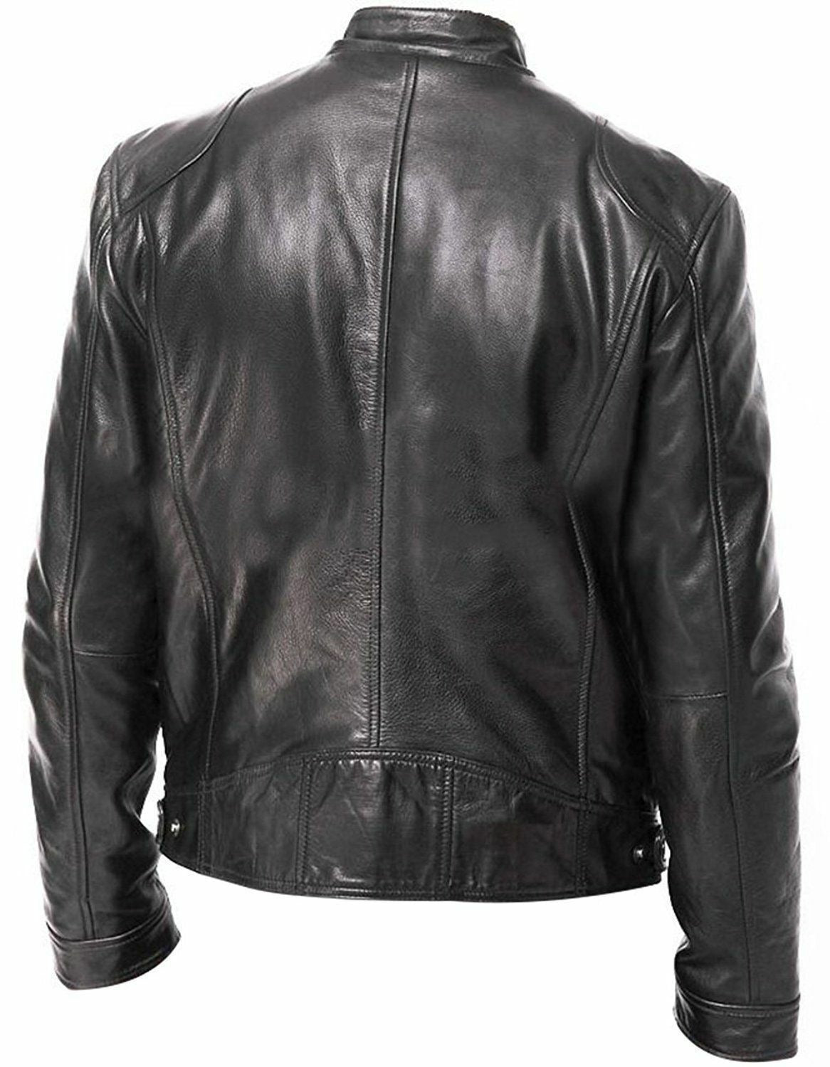 Men's Solid Color PU Leather Stand Collar Slim Zipper Leather Jacket