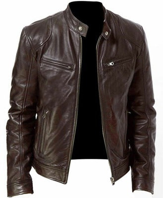 Men's Solid Color PU Leather Stand Collar Slim Zipper Leather Jacket