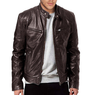 Men's Solid Color PU Leather Stand Collar Slim Zipper Leather Jacket