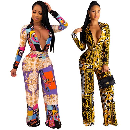 Designer Baroque Print Long Sleeved Deep V-Neck Jumpsuit