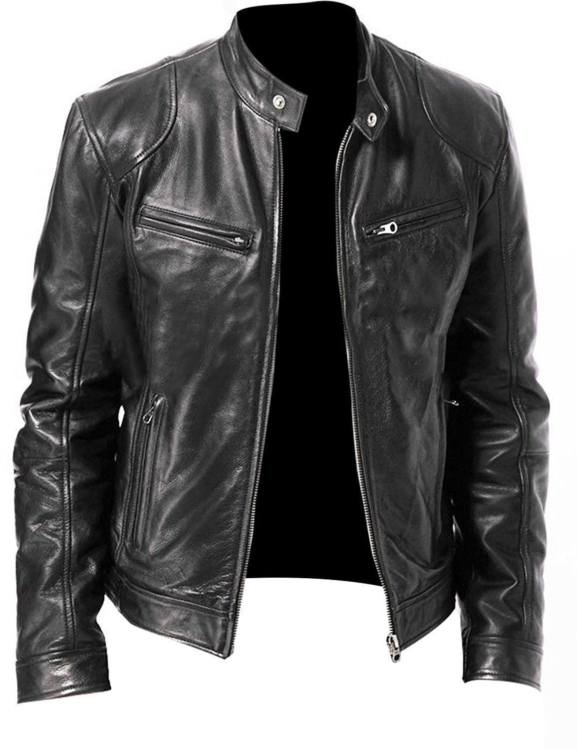 Men's Solid Color PU Leather Stand Collar Slim Zipper Leather Jacket