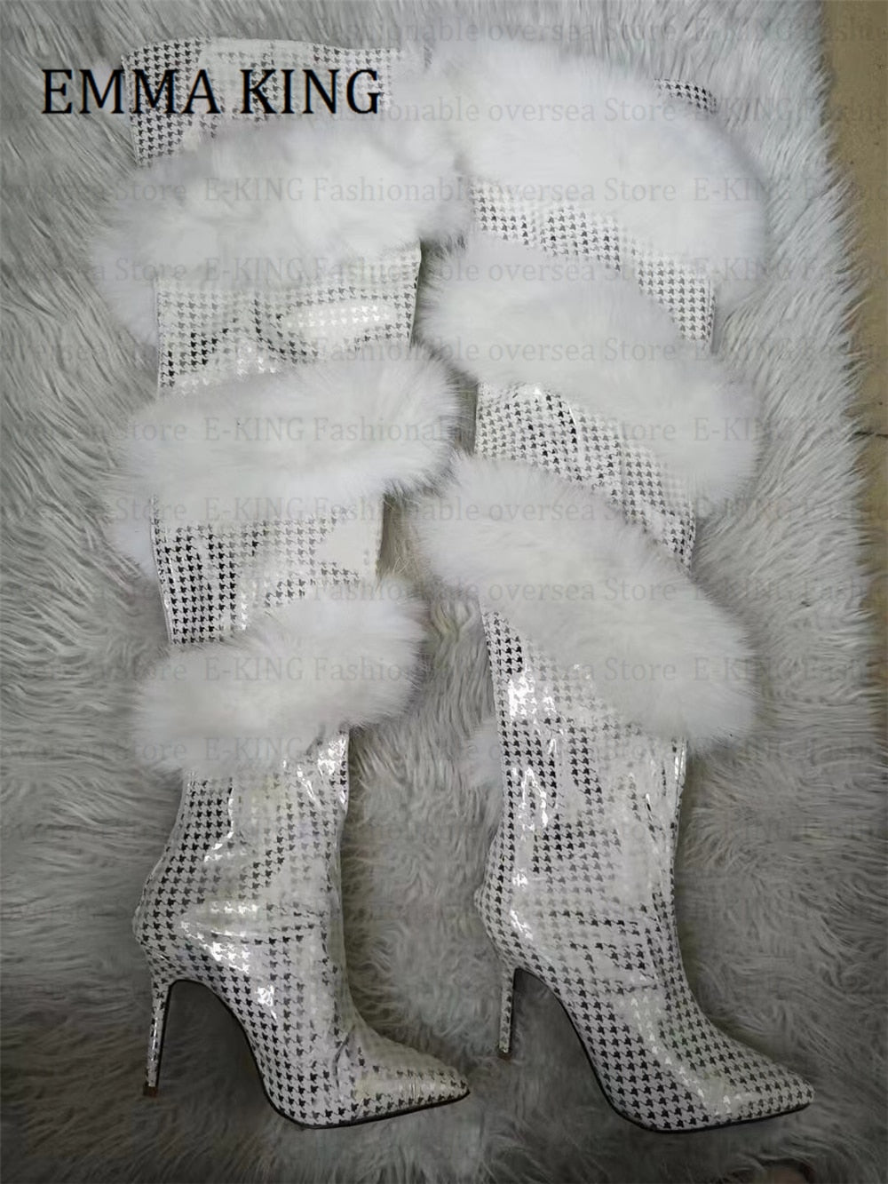 Transparent Mesh Fur Leopard Stiletto Zipper Back Over-the-Knee Boots