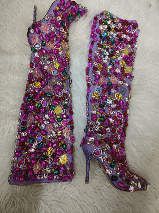 Gemstone Pointed Toe High Thin Heel Over The Knee Boots