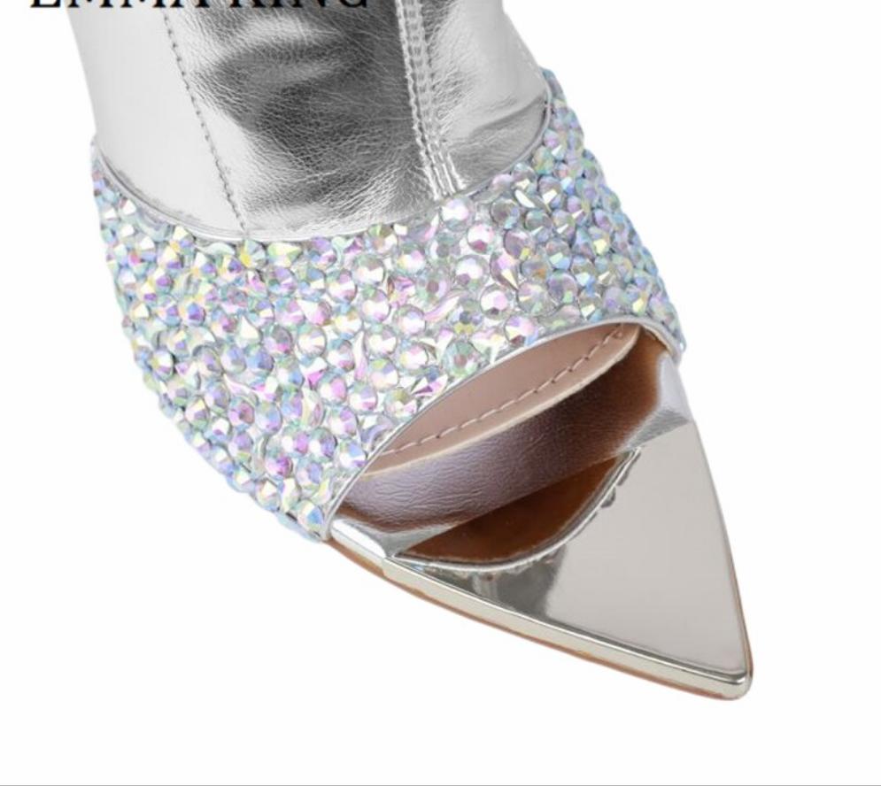 Crystal Embellished Silver Ankle Boots Sexy Peep Toe Stiletto Boots