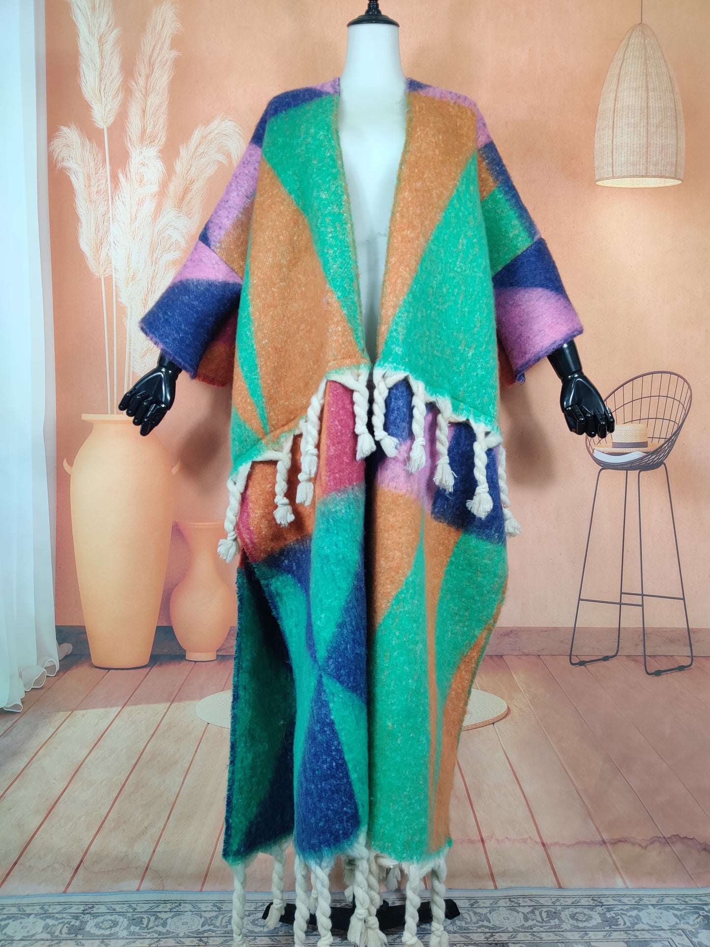 Twisted Tassel Geometric Print Open Front Fuzzy Cardigan Oversized African Multi-Colored Wool Kaftan Dress