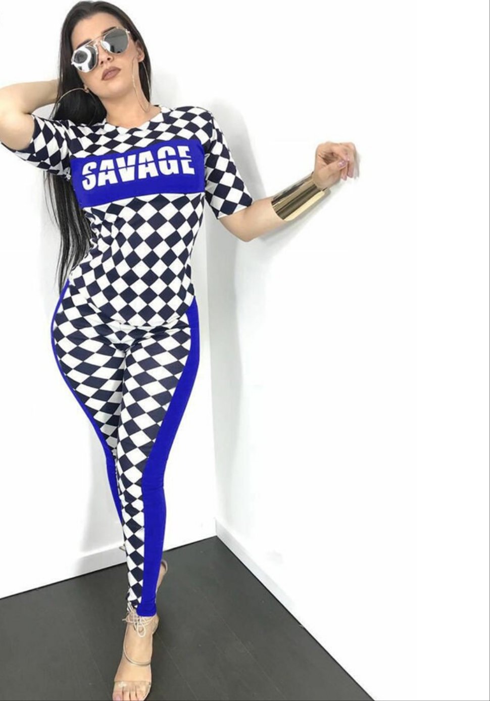 "Savage" Checkered Patchwork Crop Top + Pants Matching 2-Piece Set