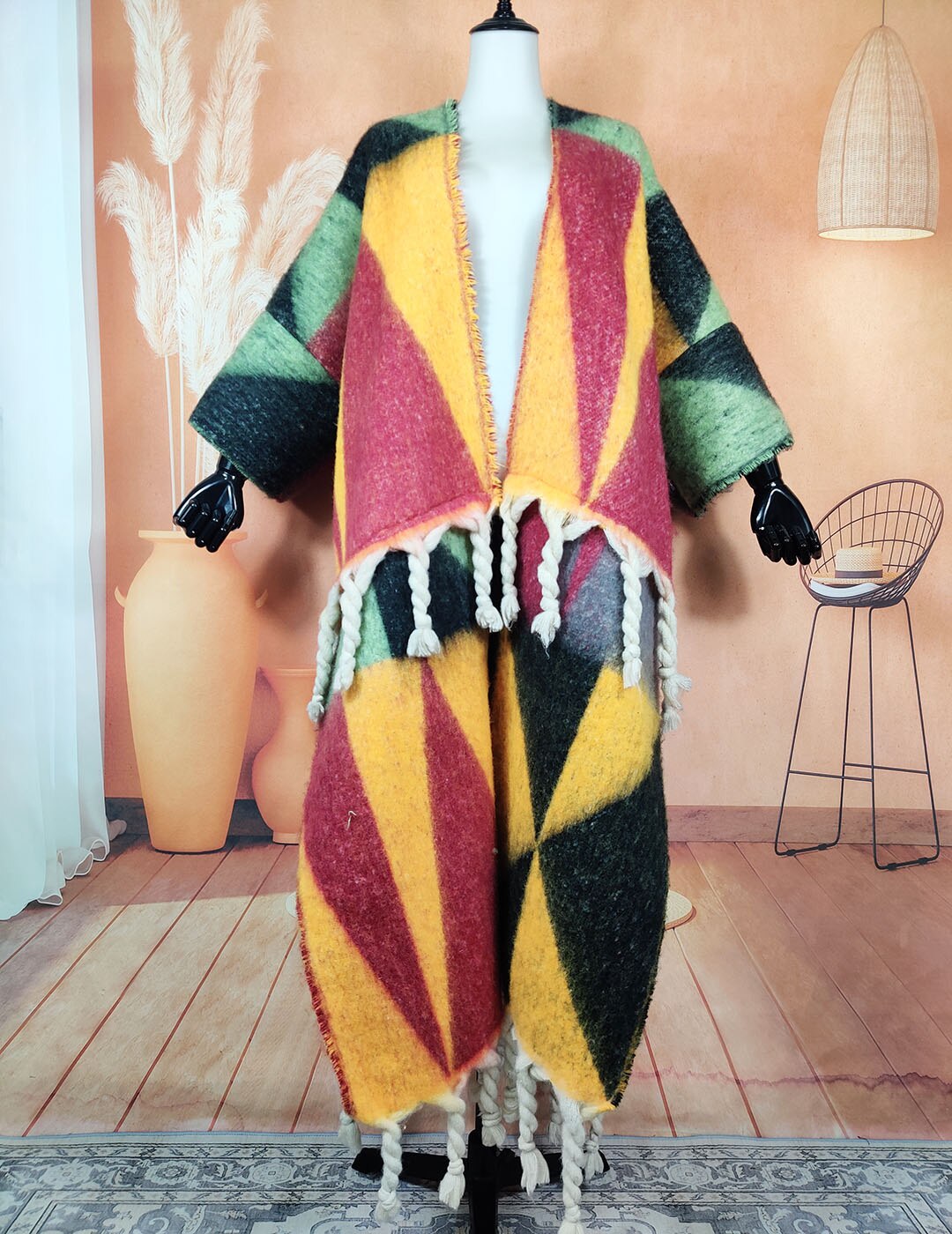 Twisted Tassel Geometric Print Open Front Fuzzy Cardigan Oversized African Multi-Colored Wool Kaftan Dress