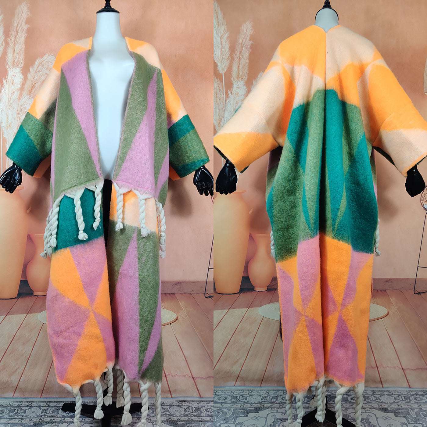 Twisted Tassel Geometric Print Open Front Fuzzy Cardigan Oversized African Multi-Colored Wool Kaftan Dress