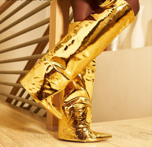 Folded Metallic Leather Knee High Retro Stiletto Side Zipper Boots