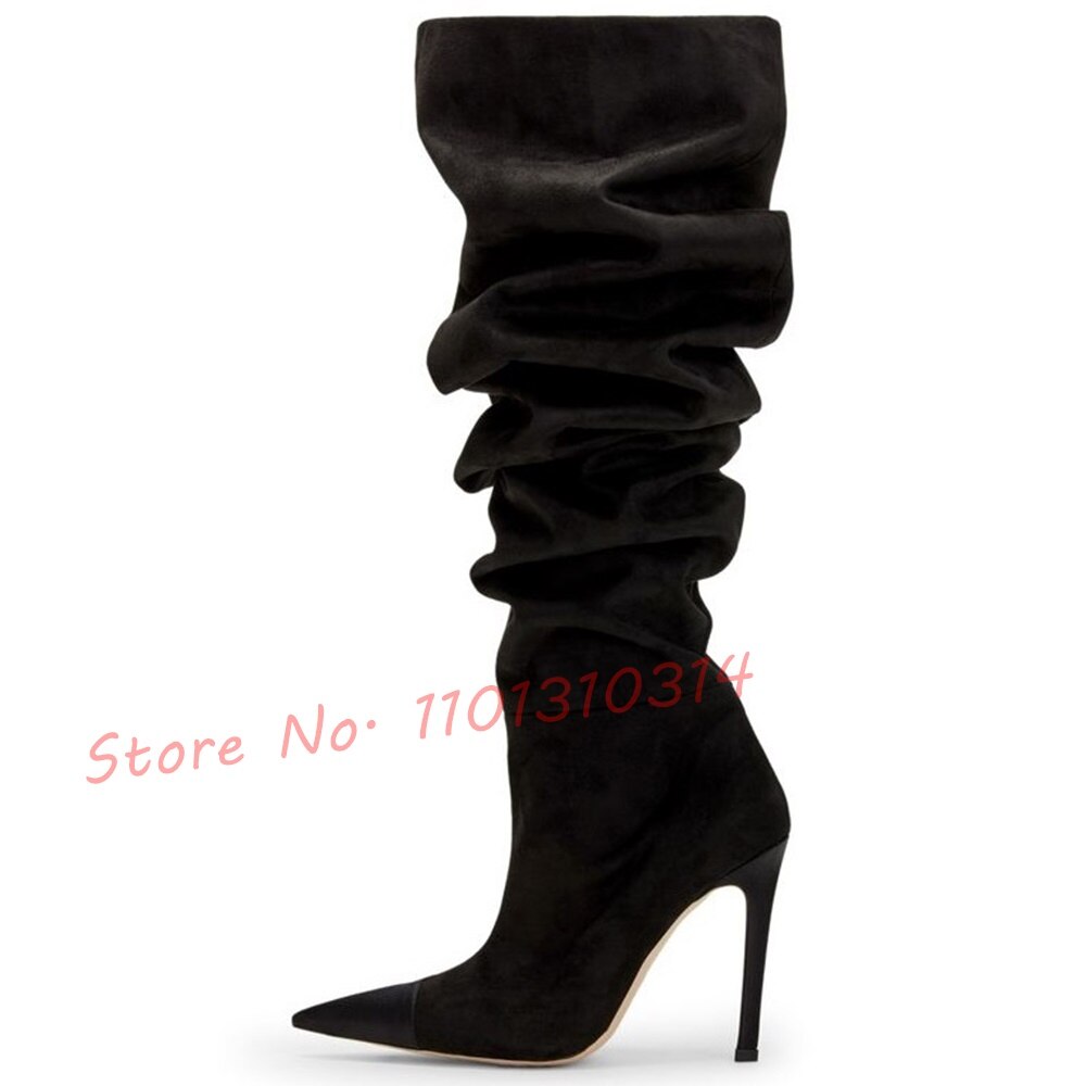 Ruched Pointed Toe Suede Pleated High Heel Slip On Thigh High Boots