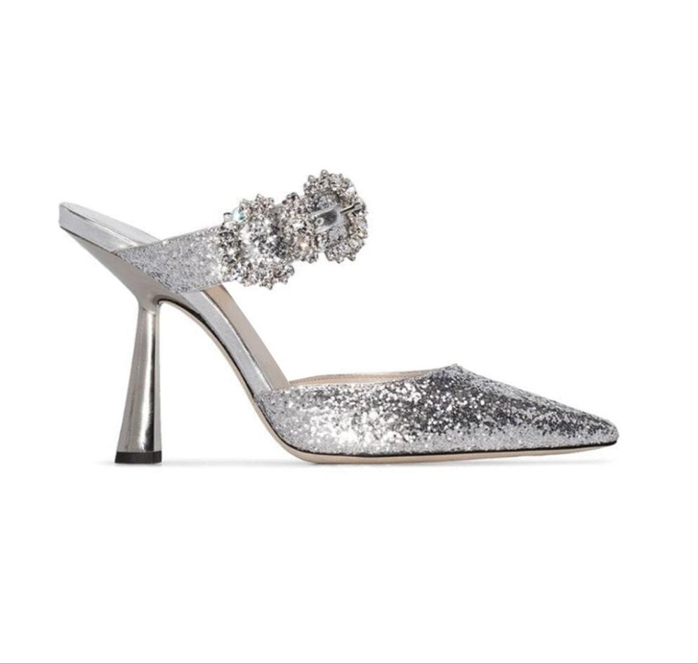 Bling Pointed Toe Rhinestone Buckle Strap Mule Pumps