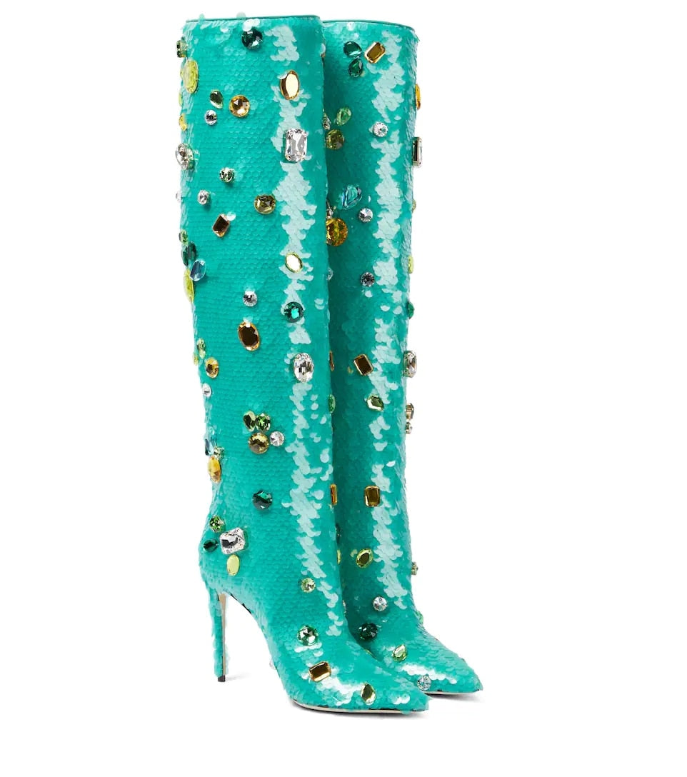 Crystal Buckle Mental Heels Side Zipper Colorful Over the Knee Boots