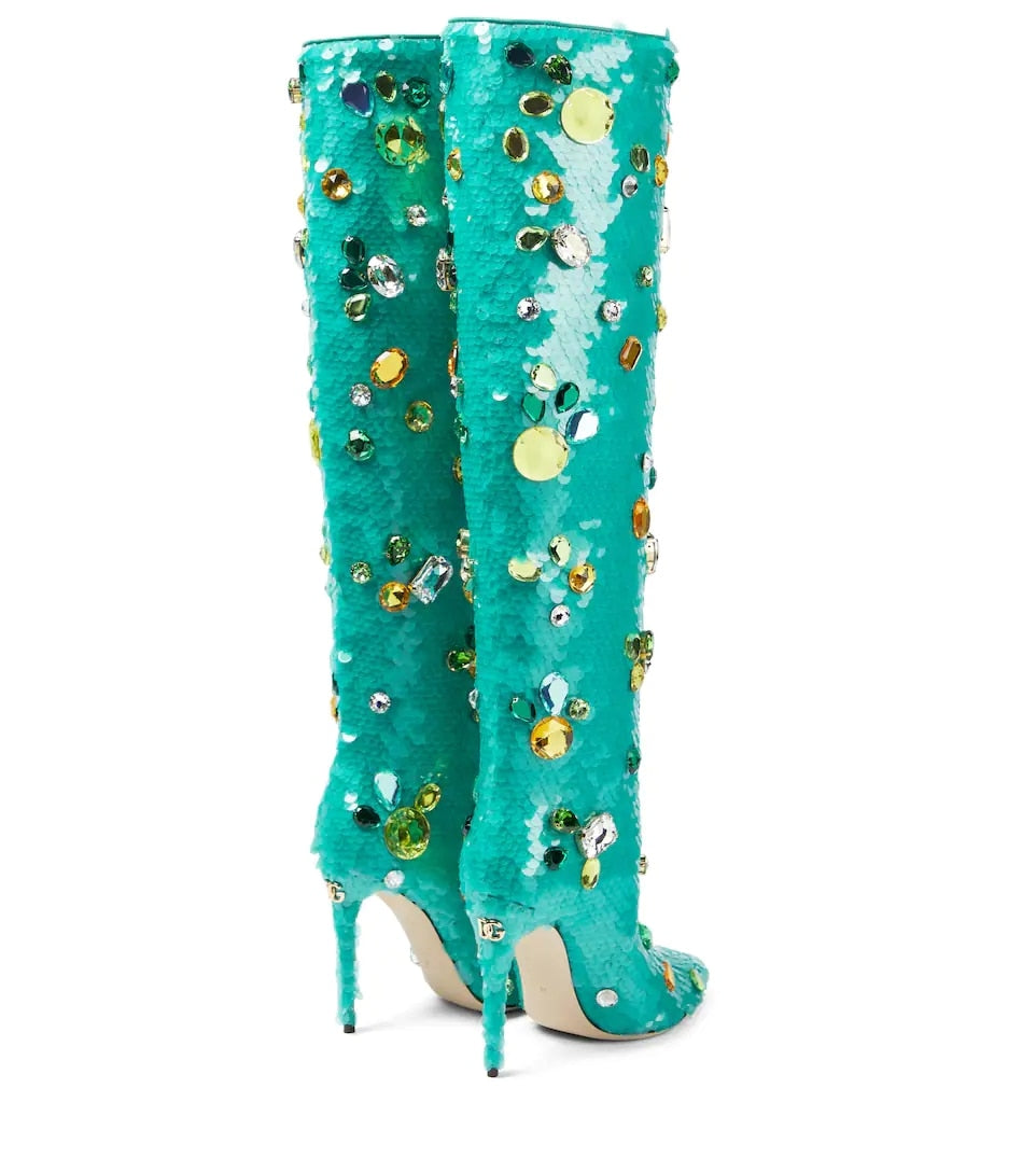 Crystal Buckle Mental Heels Side Zipper Colorful Over the Knee Boots